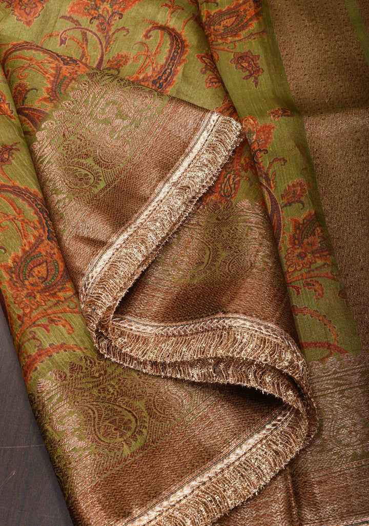 Green Tussar Silk Saree with Digital Floral Print and Lace Trim Border | SILK MARK CERTIFIED
