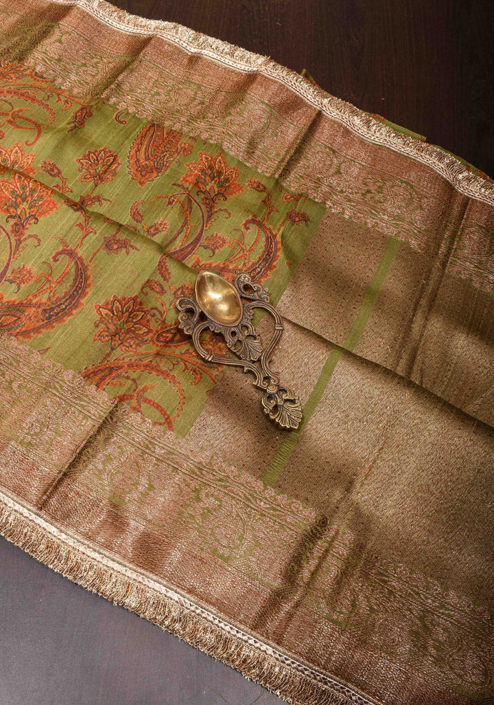 Green Tussar Silk Saree with Digital Floral Print and Lace Trim Border | SILK MARK CERTIFIED
