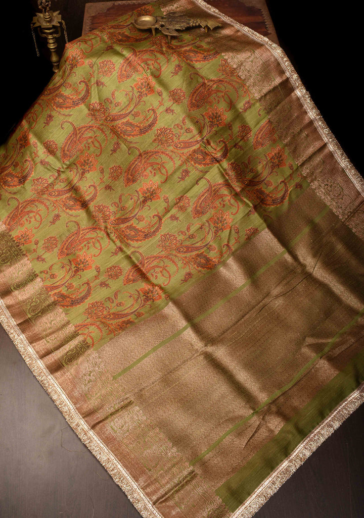 Green Tussar Silk Saree with Digital Floral Print and Lace Trim Border | SILK MARK CERTIFIED
