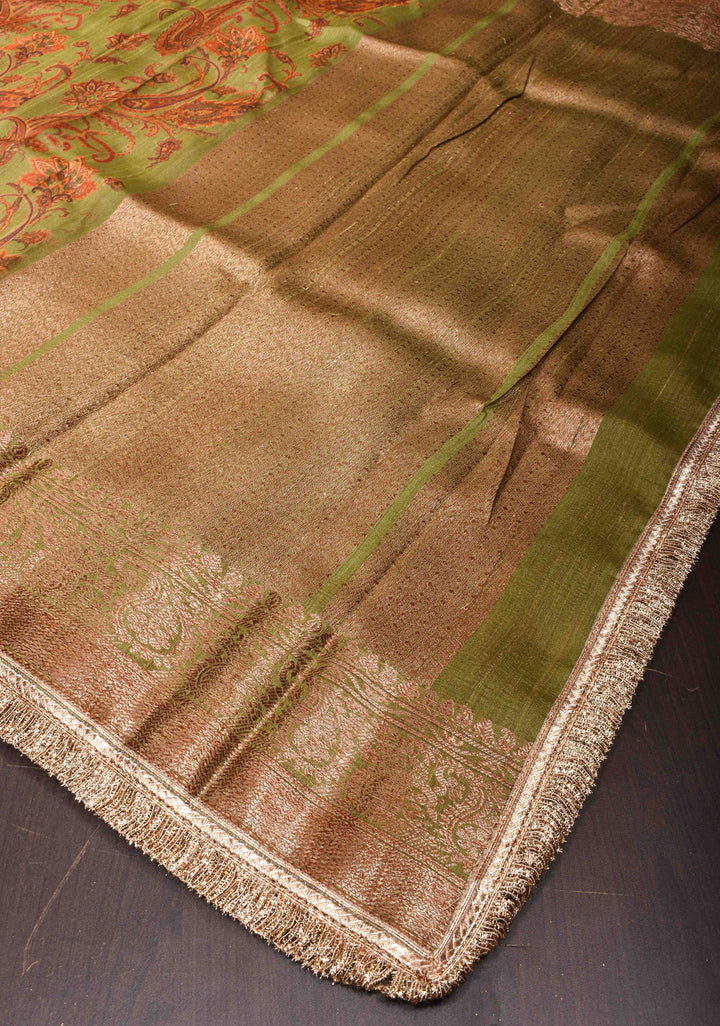 Green Tussar Silk Saree with Digital Floral Print and Lace Trim Border | SILK MARK CERTIFIED