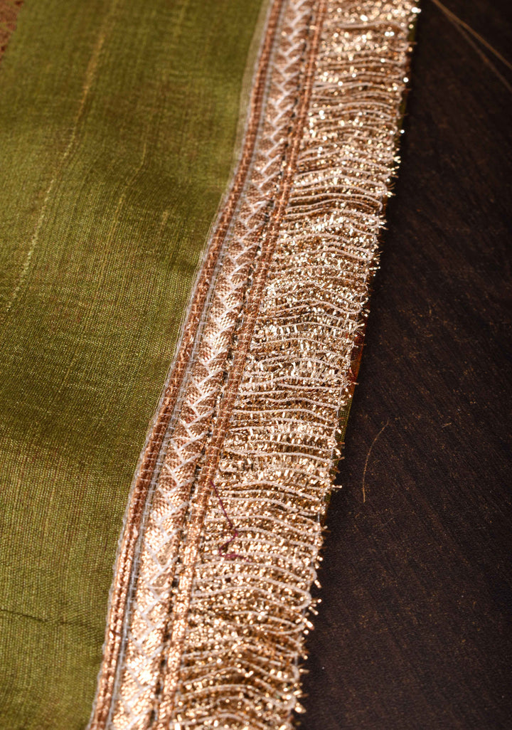 Green Tussar Silk Saree with Digital Floral Print and Lace Trim Border | SILK MARK CERTIFIED