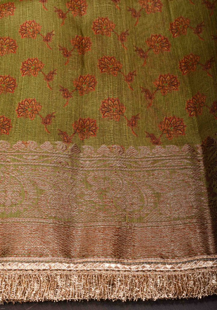 Green Tussar Silk Saree with Digital Floral Print and Lace Trim Border | SILK MARK CERTIFIED