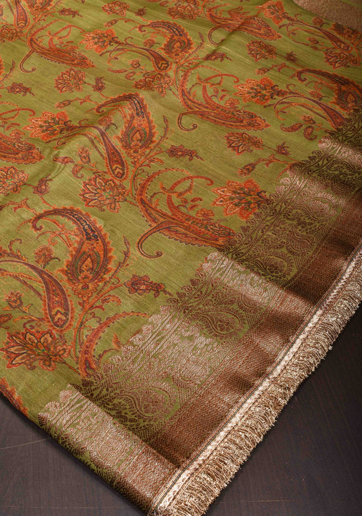 Green Tussar Silk Saree with Digital Floral Print and Lace Trim Border | SILK MARK CERTIFIED