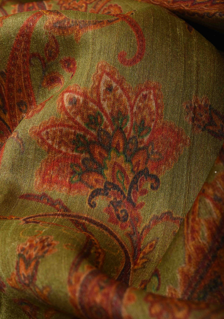 Green Tussar Silk Saree with Digital Floral Print and Lace Trim Border | SILK MARK CERTIFIED