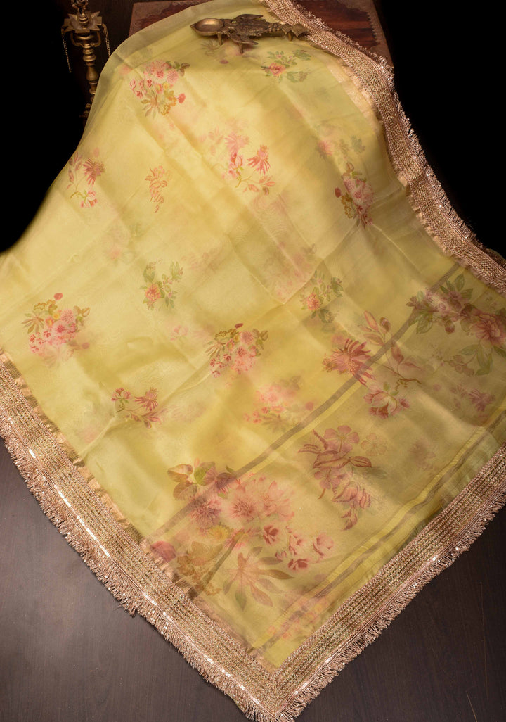Pure Organza Silk Saree in Yellow with Floral Digital Print and Lace Trim Border | SILK MARK CERTIFIED