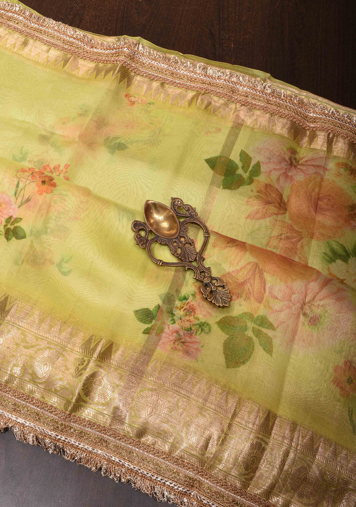 Pure Organza Silk Saree in Lemon Yellow with Floral Digital Print and Lace Trim Border | SILK MARK CERTIFIED