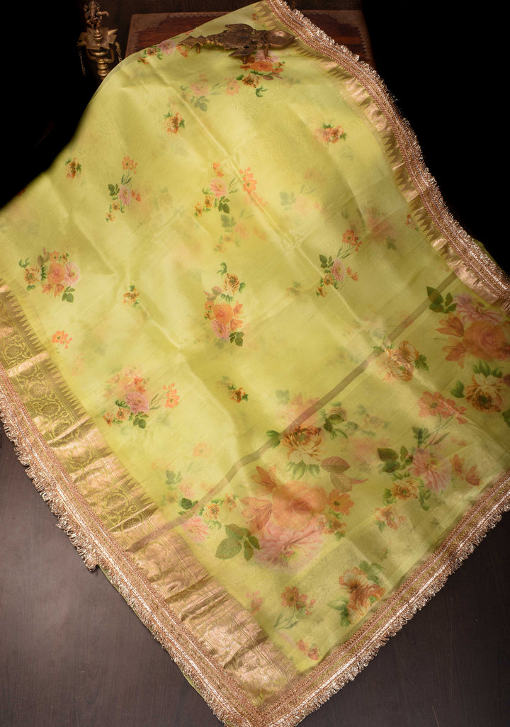 Pure Organza Silk Saree in Lemon Yellow with Floral Digital Print and Lace Trim Border | SILK MARK CERTIFIED