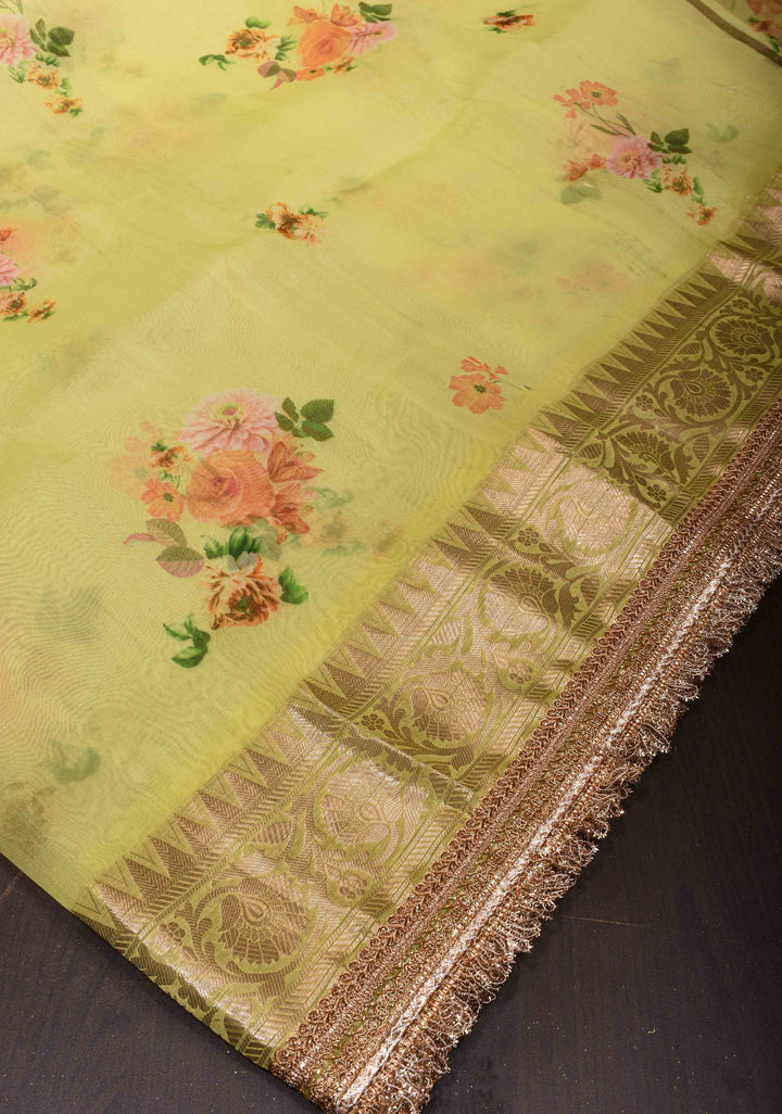 Pure Organza Silk Saree in Lemon Yellow with Floral Digital Print and Lace Trim Border | SILK MARK CERTIFIED