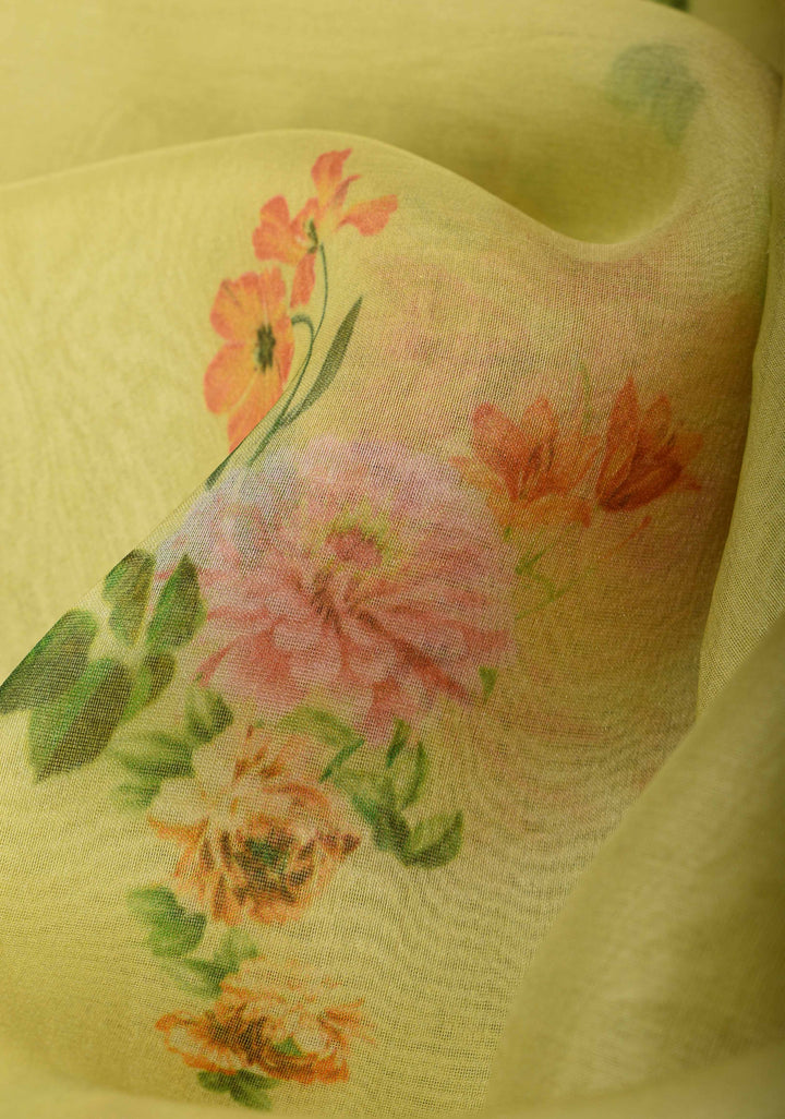 Pure Organza Silk Saree in Lemon Yellow with Floral Digital Print and Lace Trim Border | SILK MARK CERTIFIED