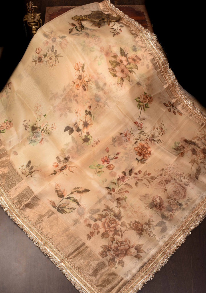 Pure Organza Silk Saree in French Beige with Floral Digital Print and Lace Trim Border| SILK MARK CERTIFIED