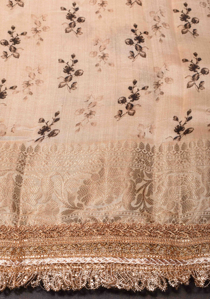 Pure Organza Silk Saree in French Beige with Floral Digital Print and Lace Trim Border| SILK MARK CERTIFIED