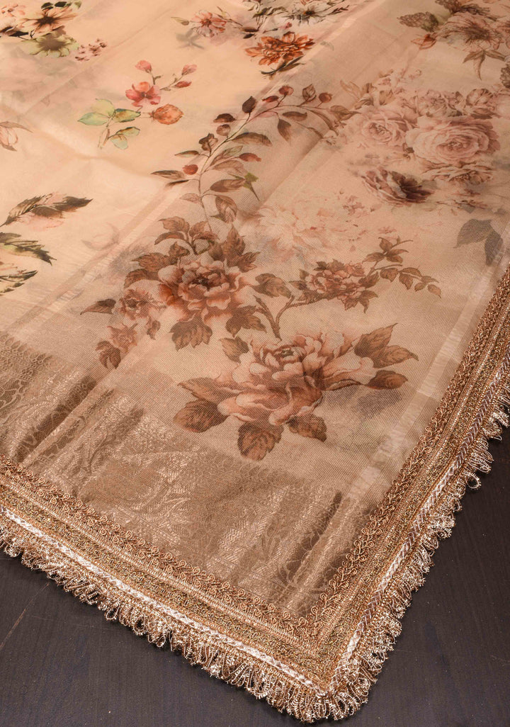 Pure Organza Silk Saree in French Beige with Floral Digital Print and Lace Trim Border| SILK MARK CERTIFIED