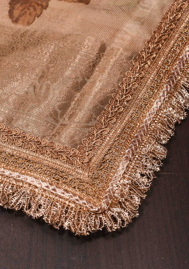 Pure Organza Silk Saree in French Beige with Floral Digital Print and Lace Trim Border| SILK MARK CERTIFIED