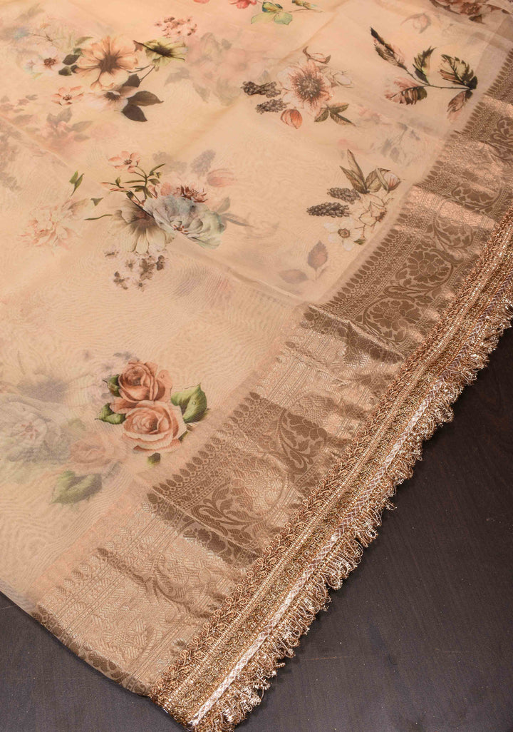 Pure Organza Silk Saree in French Beige with Floral Digital Print and Lace Trim Border| SILK MARK CERTIFIED