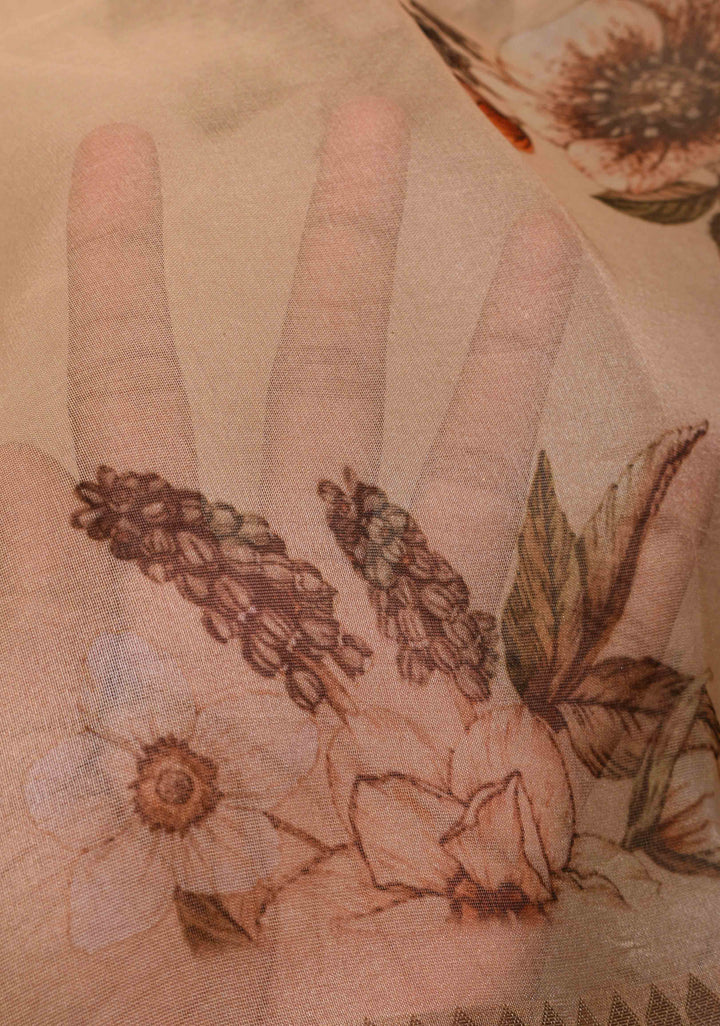 Pure Organza Silk Saree in French Beige with Floral Digital Print and Lace Trim Border| SILK MARK CERTIFIED
