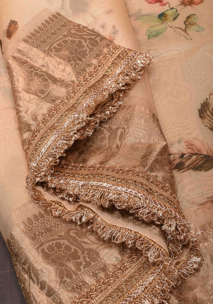 Pure Organza Silk Saree in French Beige with Floral Digital Print and Lace Trim Border| SILK MARK CERTIFIED