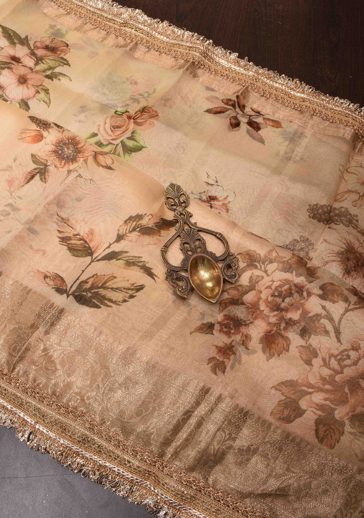 Pure Organza Silk Saree in French Beige with Floral Digital Print and Lace Trim Border| SILK MARK CERTIFIED