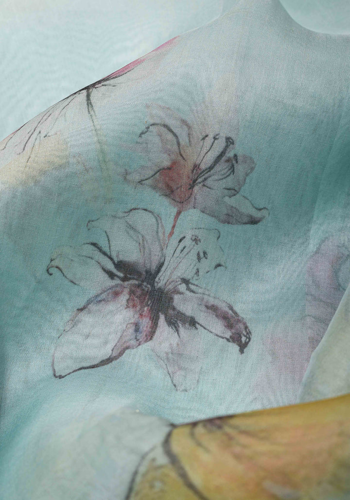 Pure Organza Silk Saree in Ice Blue with Floral Digital Print and Lace Trim Border| SILK MARK CERTIFIED