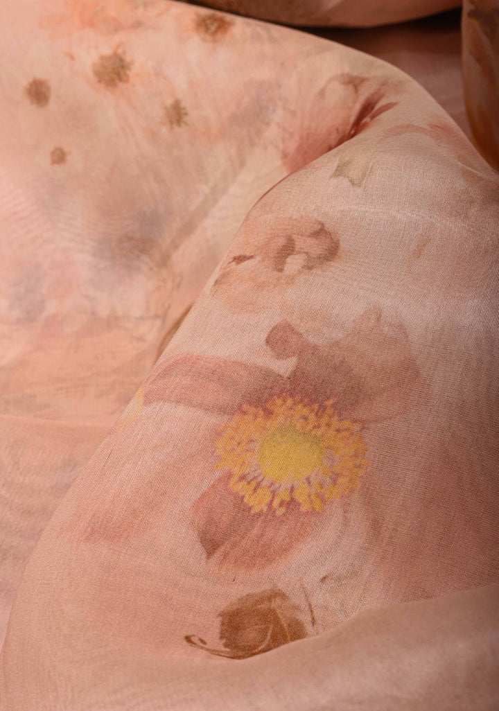 Pure Organza Silk Saree in Old Rose with Floral Digital Print and Lace Trim Border | SILK MARK CERTIFIED