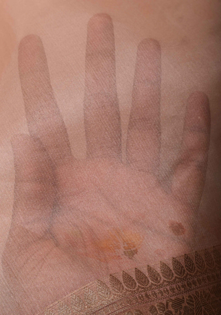 Pure Organza Silk Saree in Old Rose with Floral Digital Print and Lace Trim Border | SILK MARK CERTIFIED