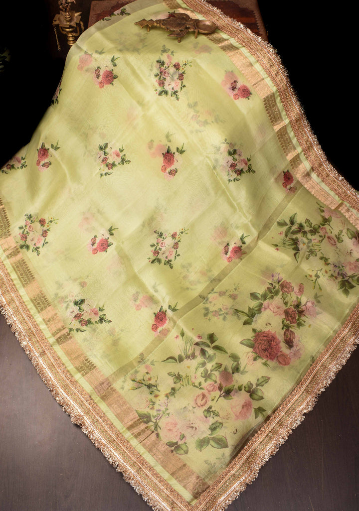 Dew Green Pure Organza Silk Saree with Floral Digital Print and Lace Trim Border| SILK MARK CERTIFIED