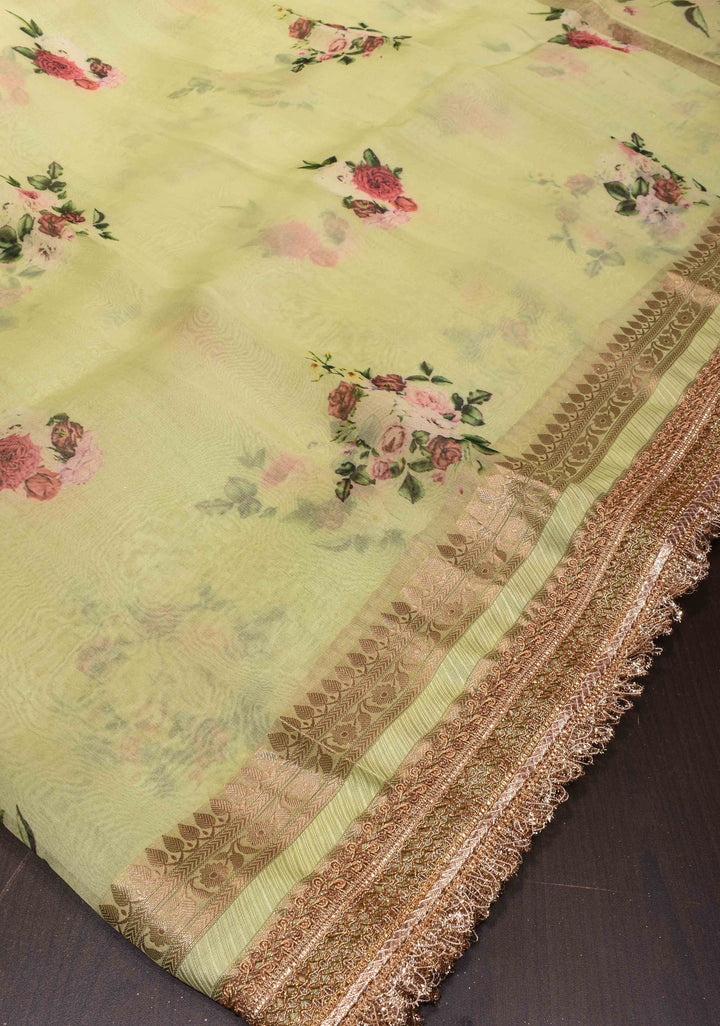 Dew Green Pure Organza Silk Saree with Floral Digital Print and Lace Trim Border| SILK MARK CERTIFIED