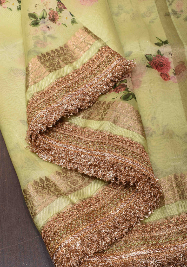 Dew Green Pure Organza Silk Saree with Floral Digital Print and Lace Trim Border| SILK MARK CERTIFIED