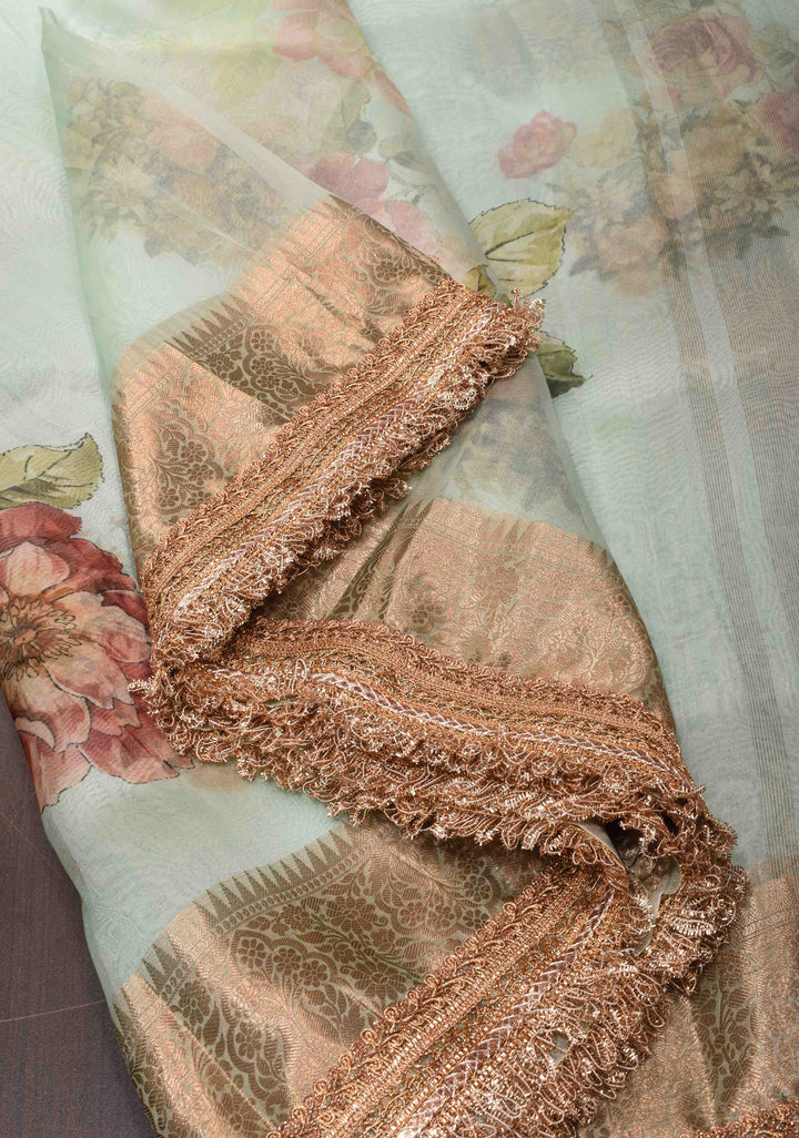 Light Mint Green Pure Organza Silk Saree with Floral Digital Print and Lace Trim Border | SILK MARK CERTIFIED