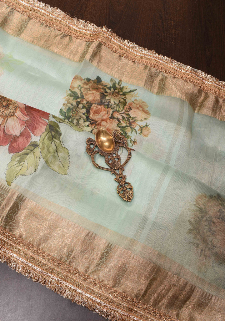 Light Mint Green Pure Organza Silk Saree with Floral Digital Print and Lace Trim Border | SILK MARK CERTIFIED