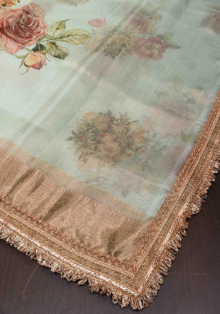 Light Mint Green Pure Organza Silk Saree with Floral Digital Print and Lace Trim Border | SILK MARK CERTIFIED