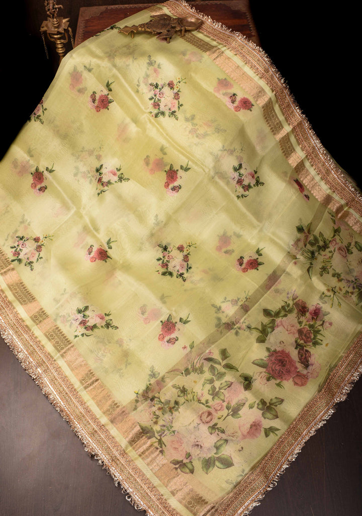 Pure Organza Silk Saree in Pastel Yellow with Floral Digital Print and Lace Trim Border| SILK MARK CERTIFIED