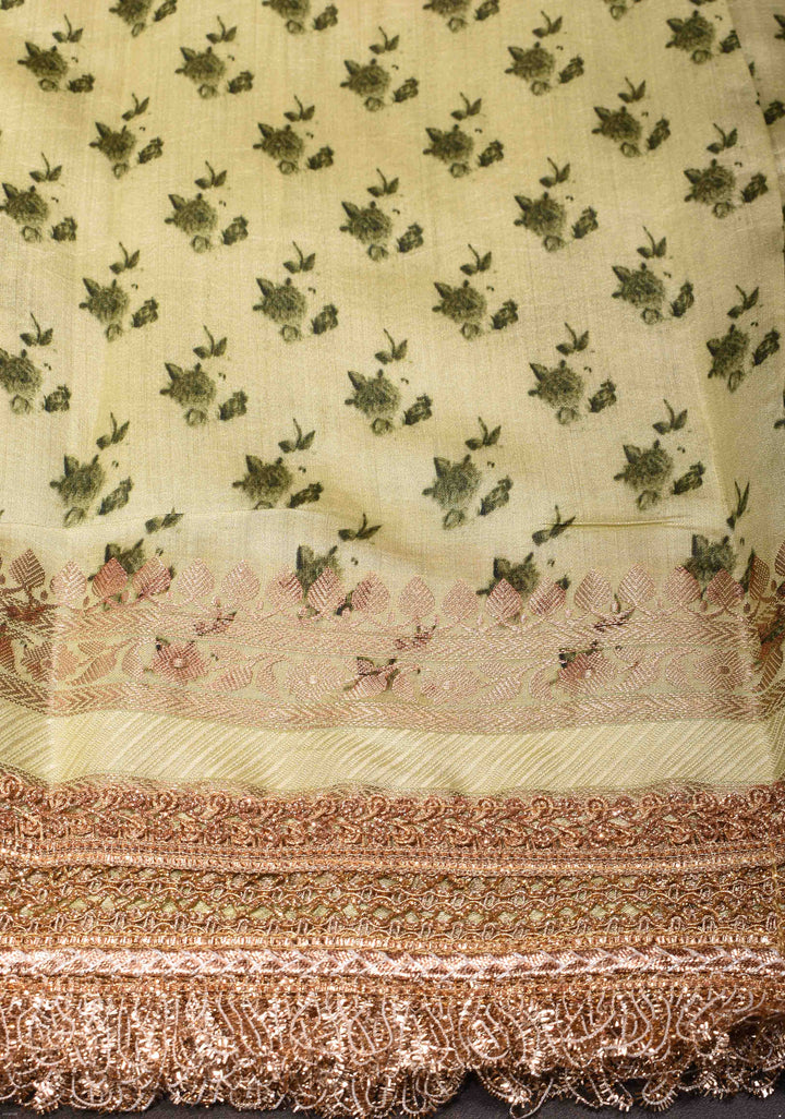 Pure Organza Silk Saree in Pastel Yellow with Floral Digital Print and Lace Trim Border| SILK MARK CERTIFIED