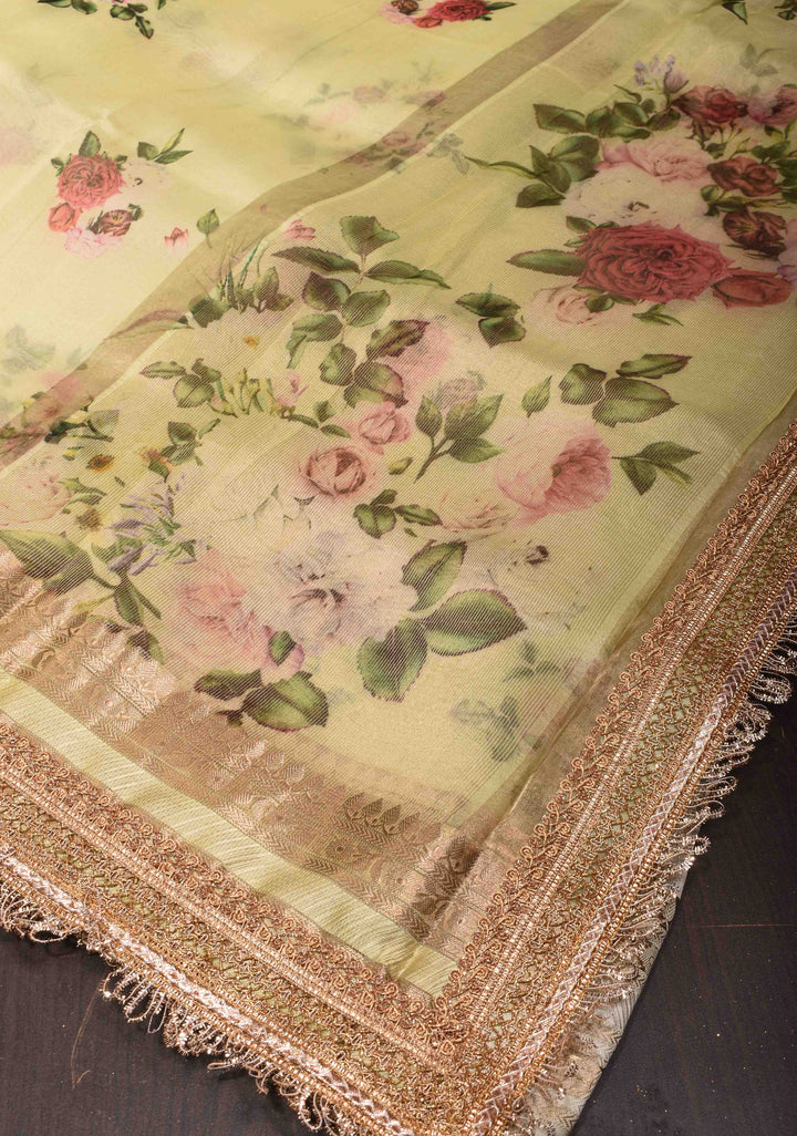 Pure Organza Silk Saree in Pastel Yellow with Floral Digital Print and Lace Trim Border| SILK MARK CERTIFIED