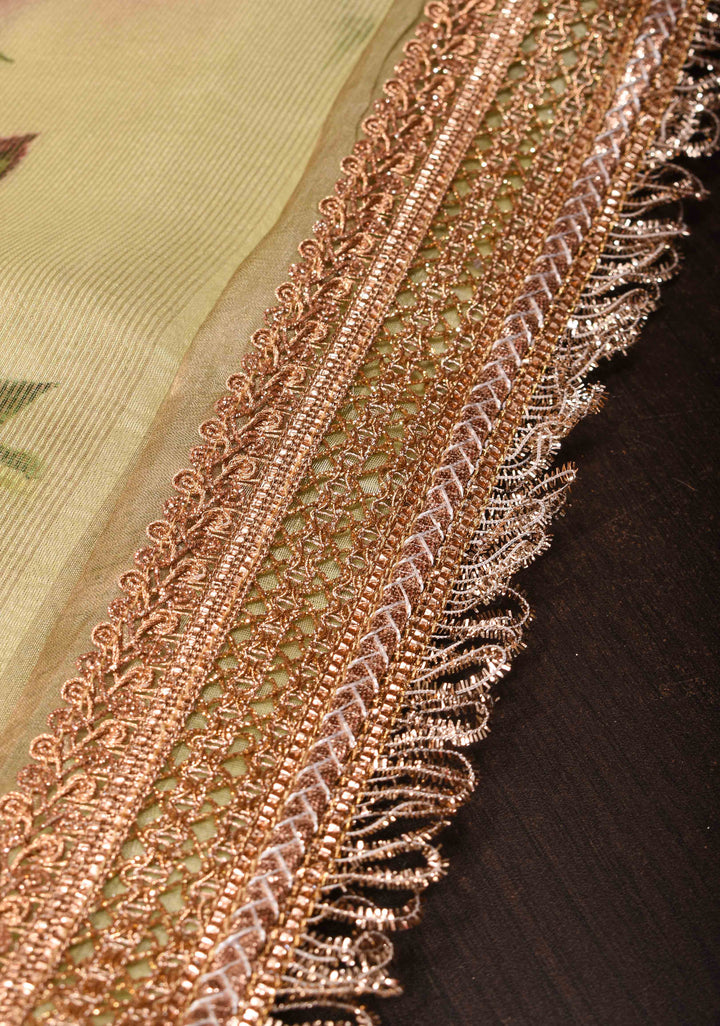 Pure Organza Silk Saree in Pastel Yellow with Floral Digital Print and Lace Trim Border| SILK MARK CERTIFIED