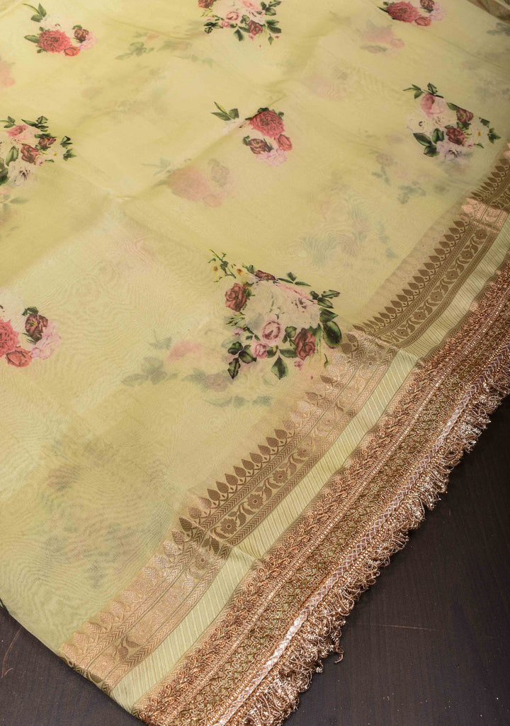 Pure Organza Silk Saree in Pastel Yellow with Floral Digital Print and Lace Trim Border| SILK MARK CERTIFIED