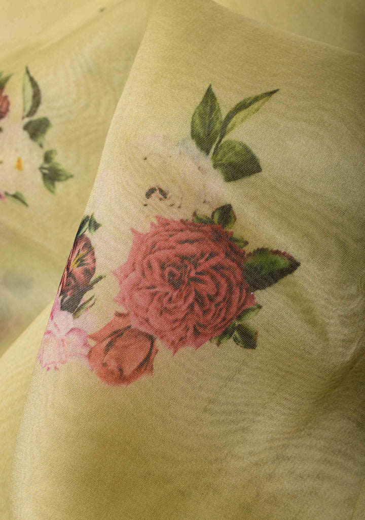 Pure Organza Silk Saree in Pastel Yellow with Floral Digital Print and Lace Trim Border| SILK MARK CERTIFIED
