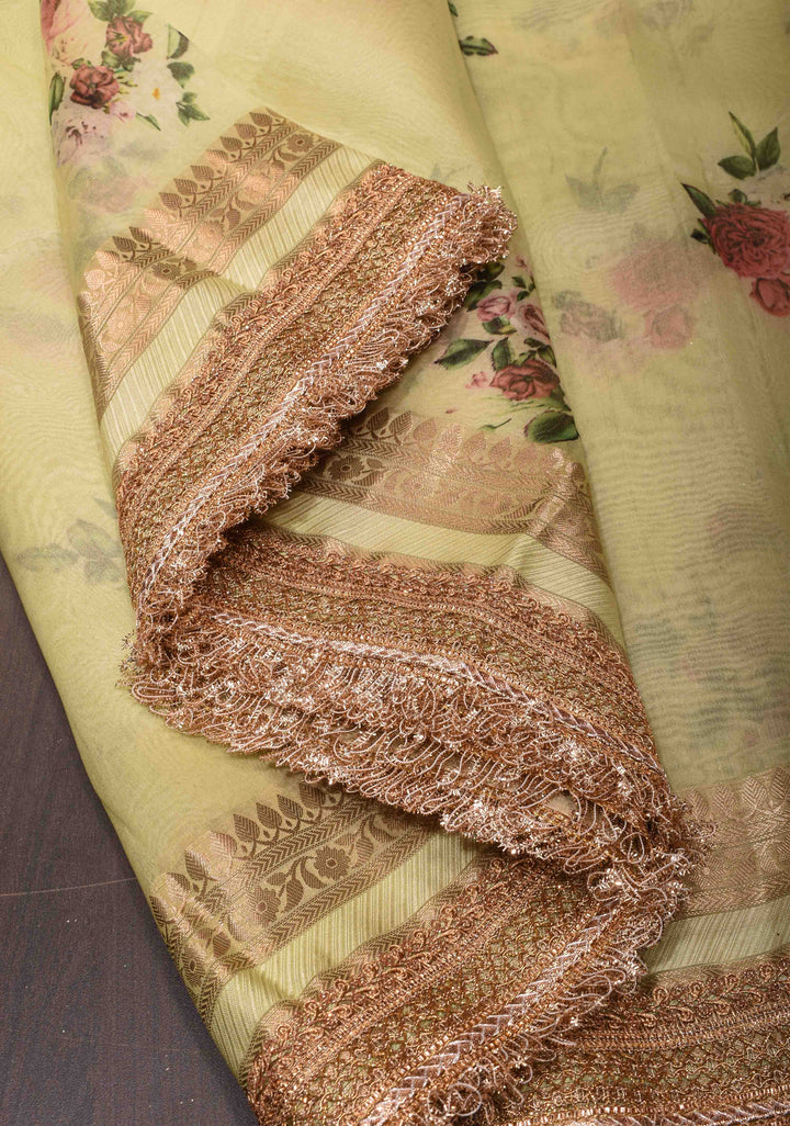 Pure Organza Silk Saree in Pastel Yellow with Floral Digital Print and Lace Trim Border| SILK MARK CERTIFIED