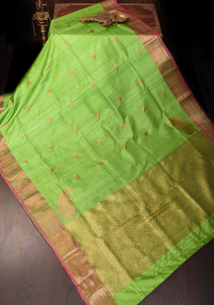Leaf Green Pure Banarasi Tussar Silk Saree with Zari Buttas, Border and Koniya Motifs | SILK MARK CERTIFIED