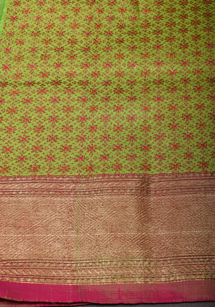 Leaf Green Pure Banarasi Tussar Silk Saree with Zari Buttas, Border and Koniya Motifs | SILK MARK CERTIFIED