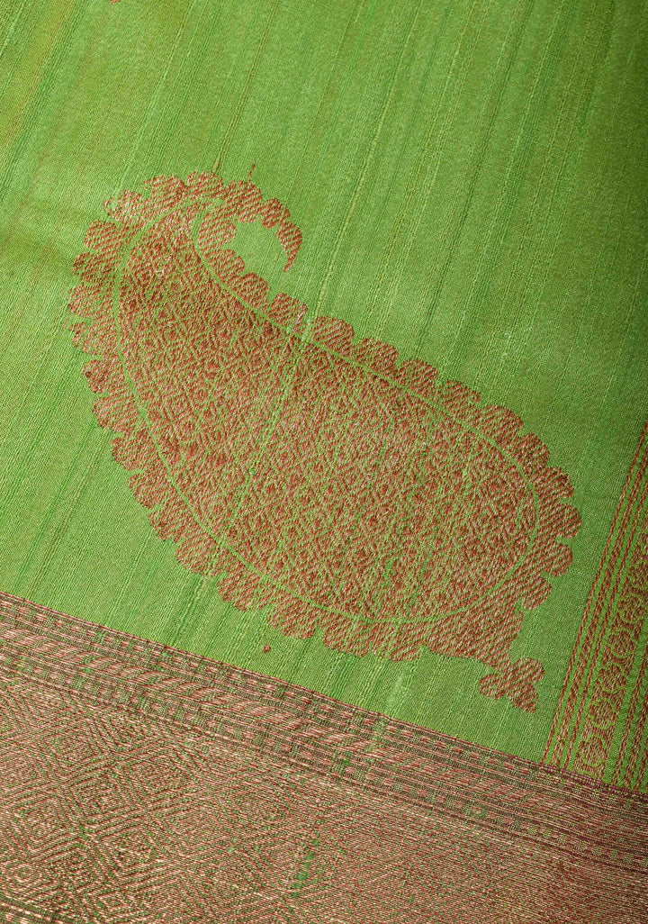 Leaf Green Pure Banarasi Tussar Silk Saree with Zari Buttas, Border and Koniya Motifs | SILK MARK CERTIFIED