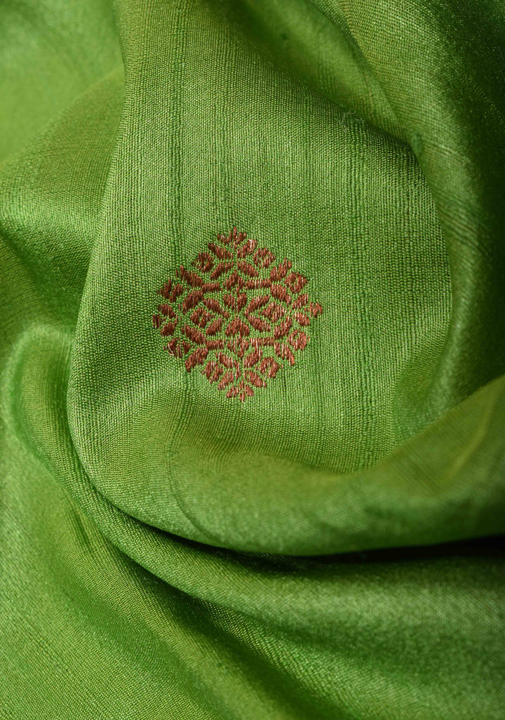Leaf Green Pure Banarasi Tussar Silk Saree with Zari Buttas, Border and Koniya Motifs | SILK MARK CERTIFIED