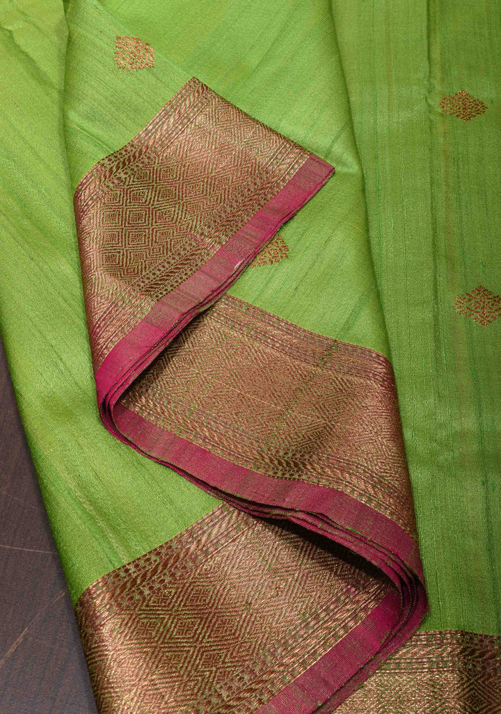 Leaf Green Pure Banarasi Tussar Silk Saree with Zari Buttas, Border and Koniya Motifs | SILK MARK CERTIFIED