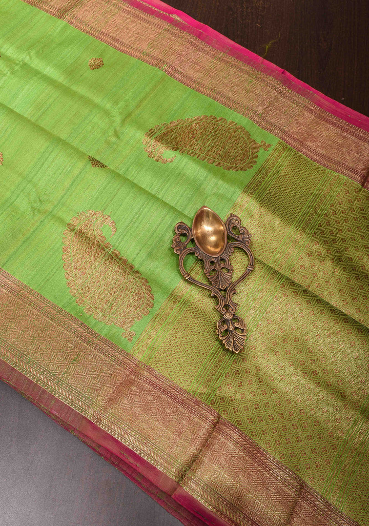 Leaf Green Pure Banarasi Tussar Silk Saree with Zari Buttas, Border and Koniya Motifs | SILK MARK CERTIFIED