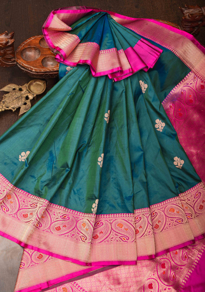 Peacock Green dual tone Banarasi Katan silk saree with Floral Zari Buttas and Meenakari Contrast Zari Border | SILK MARK CERTIFIED