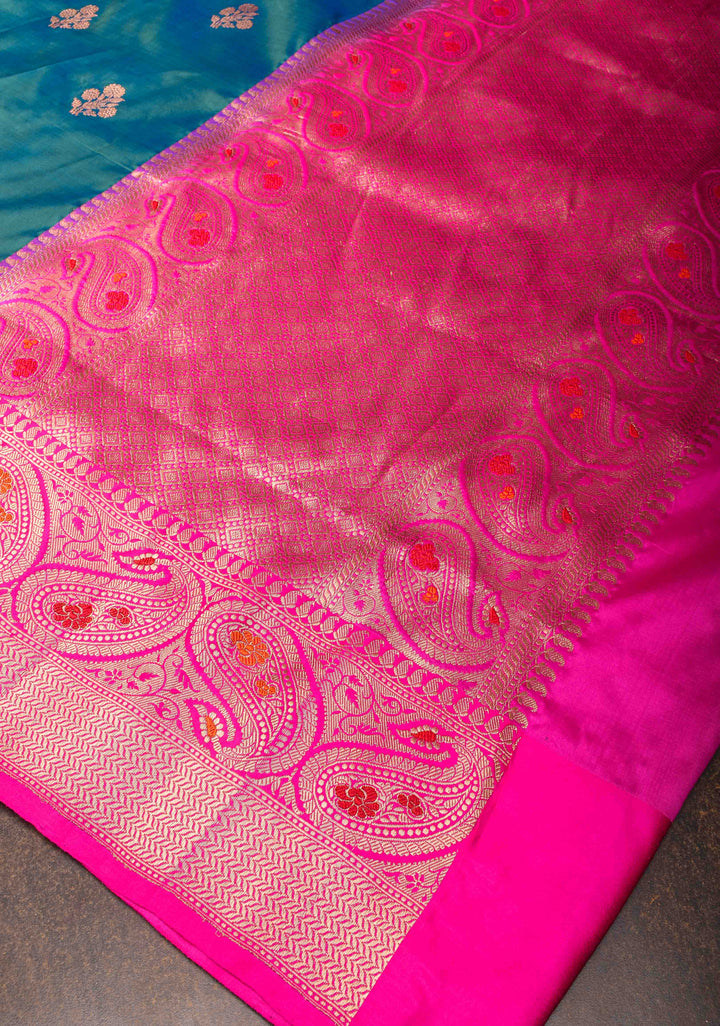 Peacock Green dual tone Banarasi Katan silk saree with Floral Zari Buttas and Meenakari Contrast Zari Border | SILK MARK CERTIFIED