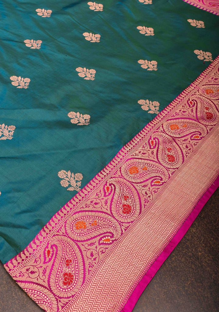 Peacock Green dual tone Banarasi Katan silk saree with Floral Zari Buttas and Meenakari Contrast Zari Border | SILK MARK CERTIFIED