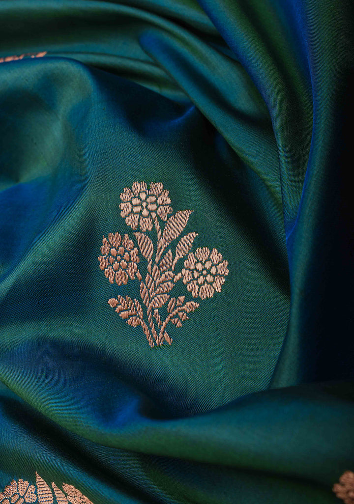 Peacock Green dual tone Banarasi Katan silk saree with Floral Zari Buttas and Meenakari Contrast Zari Border | SILK MARK CERTIFIED