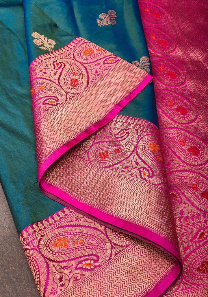 Peacock Green dual tone Banarasi Katan silk saree with Floral Zari Buttas and Meenakari Contrast Zari Border | SILK MARK CERTIFIED