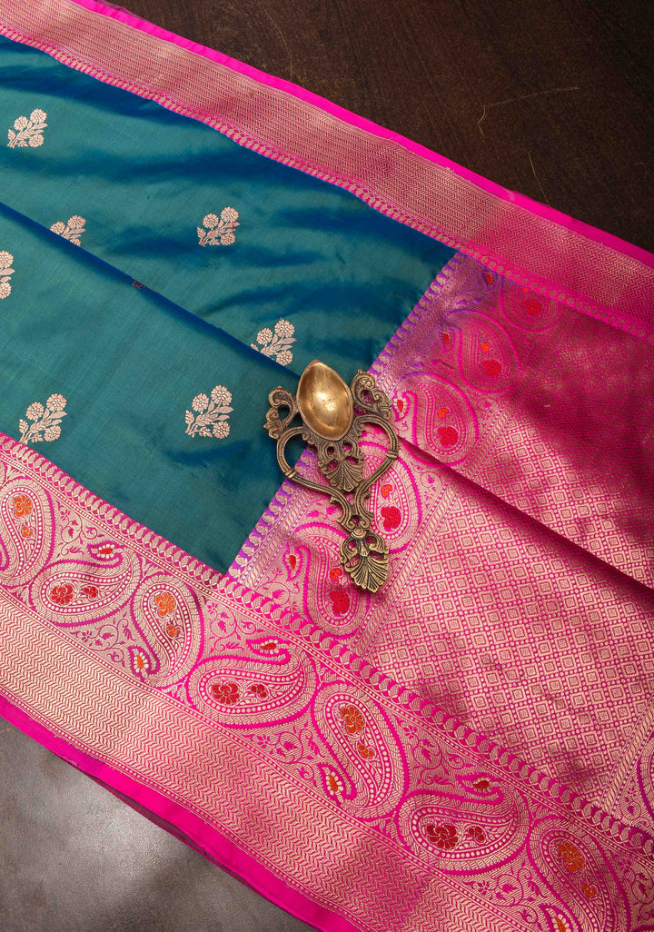 Peacock Green dual tone Banarasi Katan silk saree with Floral Zari Buttas and Meenakari Contrast Zari Border | SILK MARK CERTIFIED