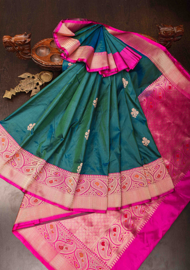 Peacock Green dual tone Banarasi Katan silk saree with Floral Zari Buttas and Meenakari Contrast Zari Border | SILK MARK CERTIFIED
